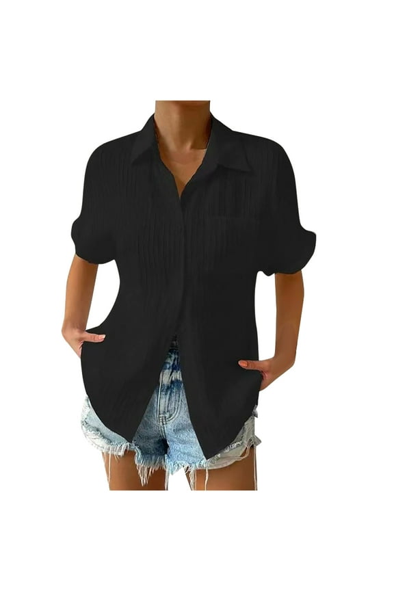 Collared V Neck Women Tops Roll Up Short Sleeve Blouses with Pocket Textured Plus Size Leisure Vacation Blouse