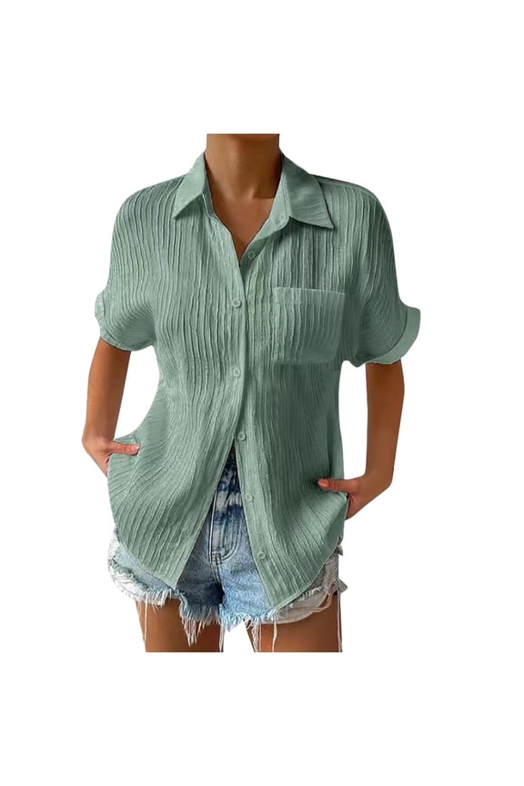 Collared V Neck Women Tops Roll Up Short Sleeve Blouses with Pocket Textured Plus Size Leisure Vacation Blouse