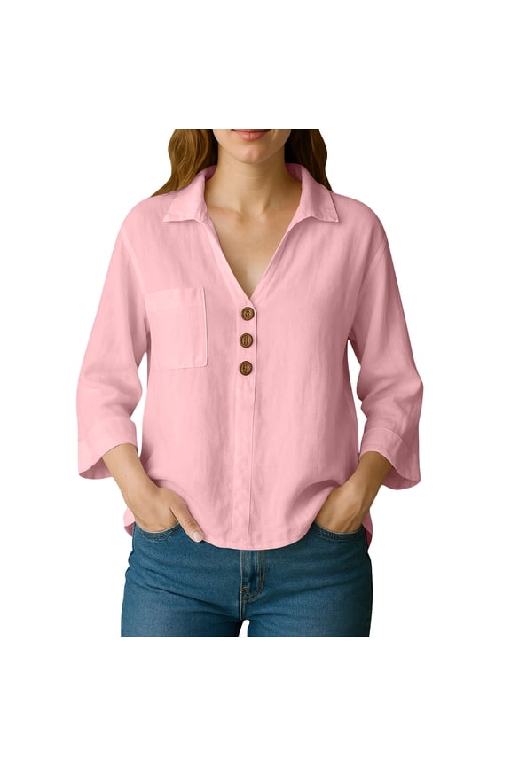 Collared Vneck Turtleneck Neck Faux Linen Tshirts for Teen Girls Summer Fall Long Sleeve Brunch Basic Tee Shirt Tops Womens Button 2026 Clothes Y2K