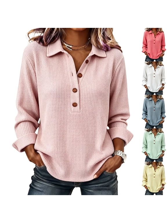 Collared Waffle Knit Top Women Long Sleeve Polo Collar Button Placket Casual Loose Fit Knit Sweater Pullover Minimalist Workwear Top