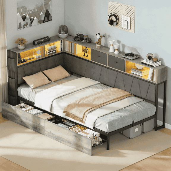 CollaredEagle Twinc XL Platform Bed Frame, Modern Corner Bed with Bookshelf Storage, USB Charging Station & LED Ambient Light, Grey