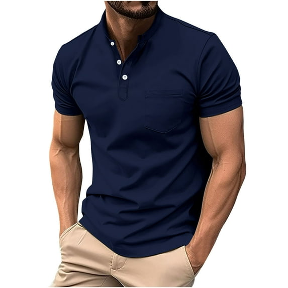 Collarless Golf Shirts for Men Slim Fit Short Sleeve Muscle T Shirt Business Casual Work Shirts with Pockets