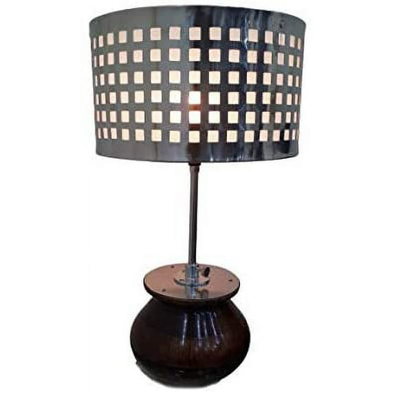 Collectable Modern Brown Wood Desk Table Pot Lamp With Metal Shade