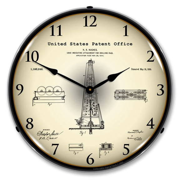 Collectable Sign and Clock 1916 Howard Hughes Oil Drilling Rig Patent  LED Lighted Premium Wall Clock