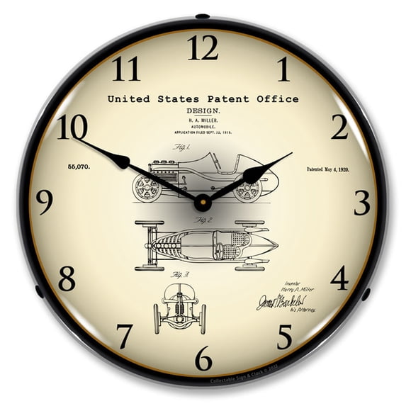Collectable Sign and Clock 1920 H. A. Miller Race Car Patent LED Lighted Premium Wall Clock