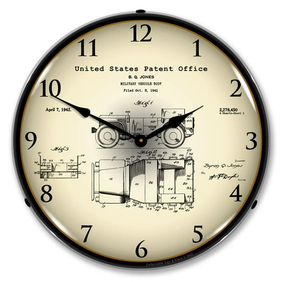 Collectable Sign and Clock 1941 Jeep Military Vehicle Patent LED Lighted Premium Wall Clock