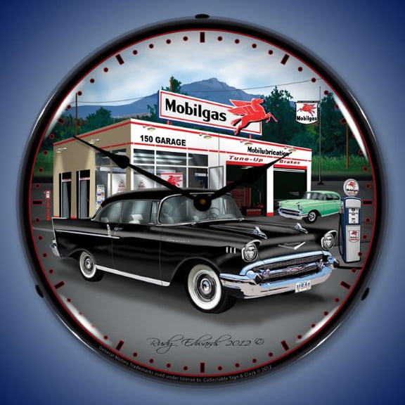 Collectable Sign and Clock 1957 Chevy Mobilgas LED Lighted Premium Wall Clock
