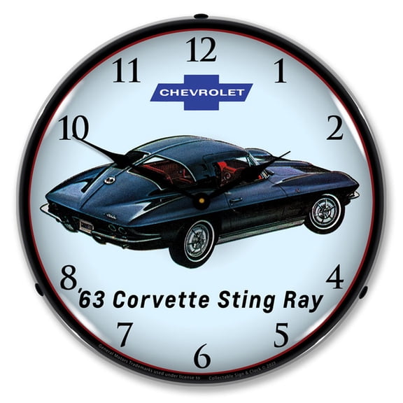 Collectable Sign and Clock 1963 Corvette Sting Ray LED Lighted Premium Wall Clock