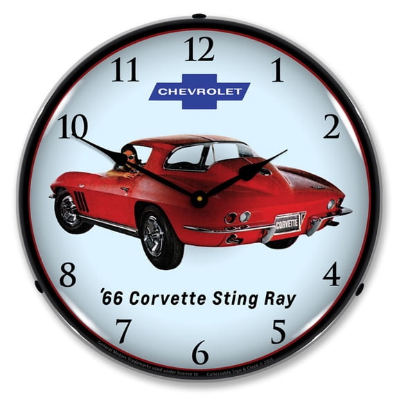 Collectable Sign and Clock 1966 Corvette Sting Ray LED Lighted Premium Wall Clock