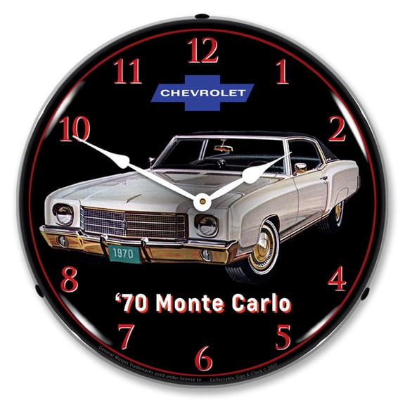 Collectable Sign and Clock 1970 Monte Carlo White LED Lighted Premium Wall Clock