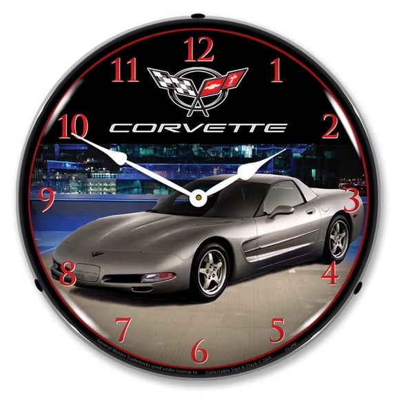 Collectable Sign and Clock C5 Corvette Light Pewter Metallic LED Lighted Premium Wall Clock