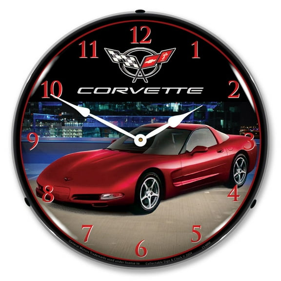 Collectable Sign and Clock C5 Corvette Magnetic Red Metallic LED Lighted Premium Wall Clock