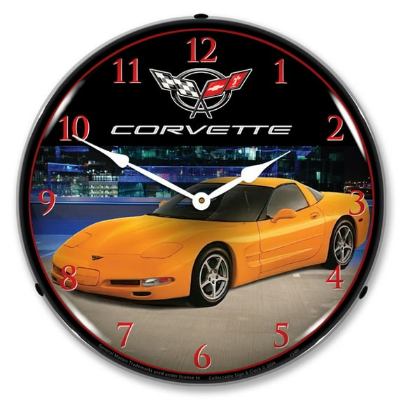 Collectable Sign and Clock C5 Corvette Millennium Yellow LED Lighted Premium Wall Clock
