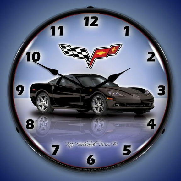 Collectable Sign and Clock C6 Corvette Black LED Lighted Premium Wall Clock
