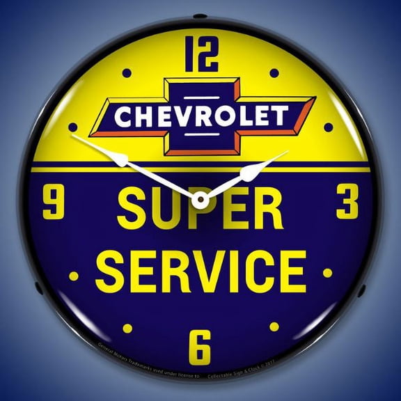 Collectable Sign and Clock Chevrolet Bowtie Super Service LED Lighted Premium Wall Clock