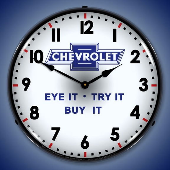 Collectable Sign and Clock Chevrolet Eye It Try It Buy It LED Lighted Premium Wall Clock