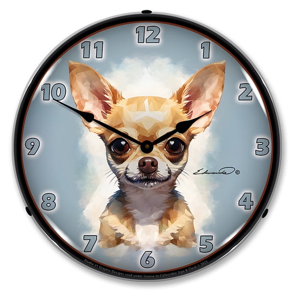 Collectable Sign and Clock Chihuahua Fawn LED Lighted Premium Wall Clock