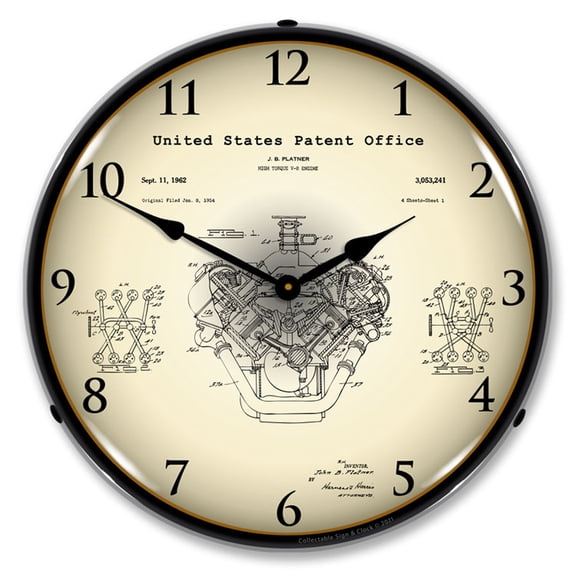 Collectable Sign and Clock Chrysler Hemi V-8 Engine 1954 Patent LED Lighted Premium Wall Clock