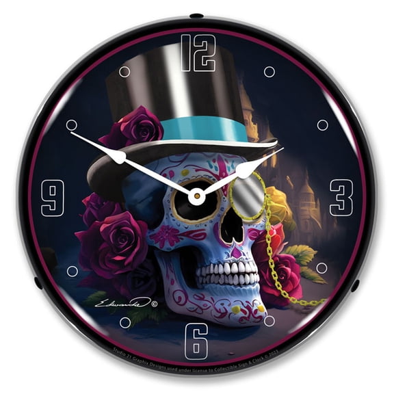 Collectable Sign and Clock Day of the Dead Tophat LED Lighted Premium Wall Clock