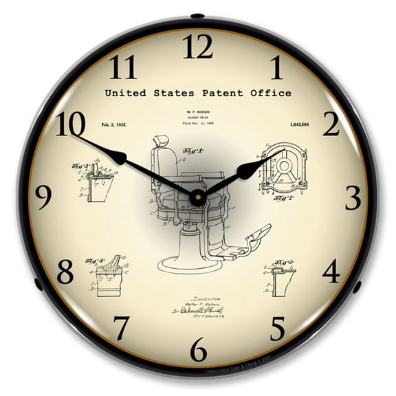 Collectable Sign and Clock Koken Barber's Chair 1929 Patent  LED Lighted Premium Wall Clock