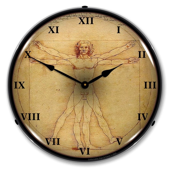 Collectable Sign and Clock Leonardo da Vinci Vitruvian Man  LED Lighted Premium Wall Clock