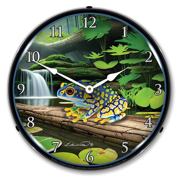 Collectable Sign and Clock Poison Dart Frog Blue LED Lighted Premium Wall Clock