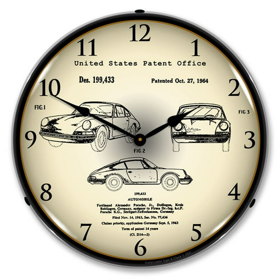 Collectable Sign and Clock Porsche 911 1964 Patent LED Lighted Premium Wall Clock
