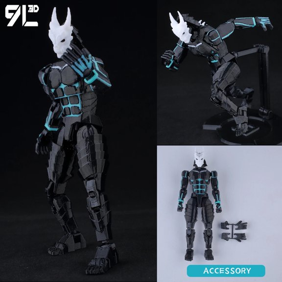 Collectible Anime-Style Figure & Beast Companions Set, ABS Plastic Kit, Black White Red, Articulated Joints, Desktop Display Gift.