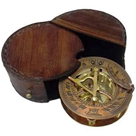 Collectible Antique & Copper Nautical Decor Sundial Compass With leather Case