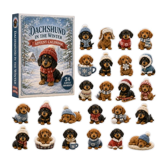 Collectible Dachshund In The Winter Christmas Advent Calendar, 24 Surprise Acrylic Pendant Ornaments, Home Xmas Countdown Decoration Gift