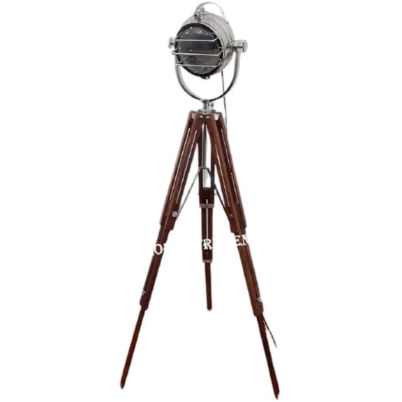 Collectible Designer Maritime Spot Searchlight With Natural Wood Tripod Studio Floor Lamp