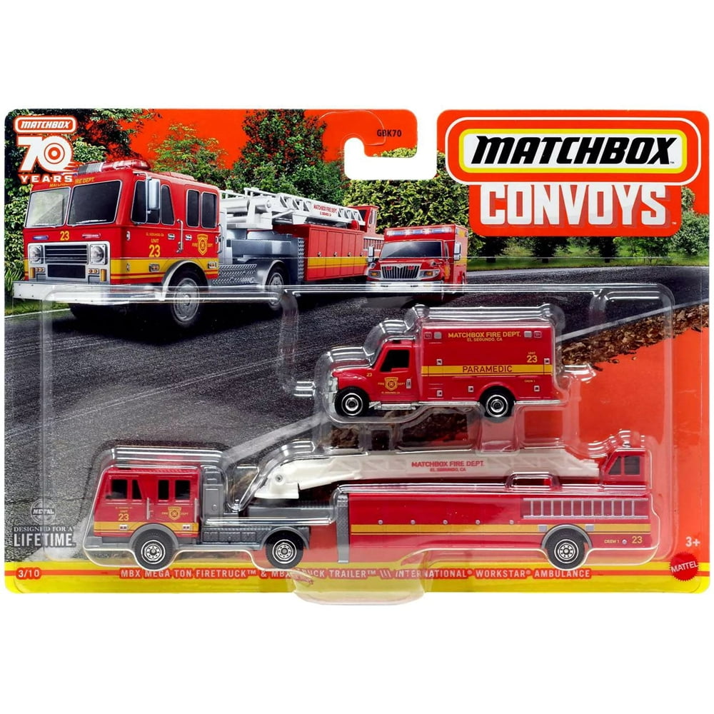 Collectible Die Cast Matchbox Convoys Truck and Trailer Playset MBX Mega Ton Firetruck with Trailer and International Workstar Ambulance