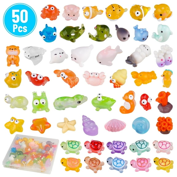 50PCS Mini Resin Animals, Assorted Sea and Land Figurines for Fairy Garden, Aquarium, Terrarium, Potted Plants, DIY Crafts, Scavenger Hunts, Outdoor Indoor Decorations, Sensory Play