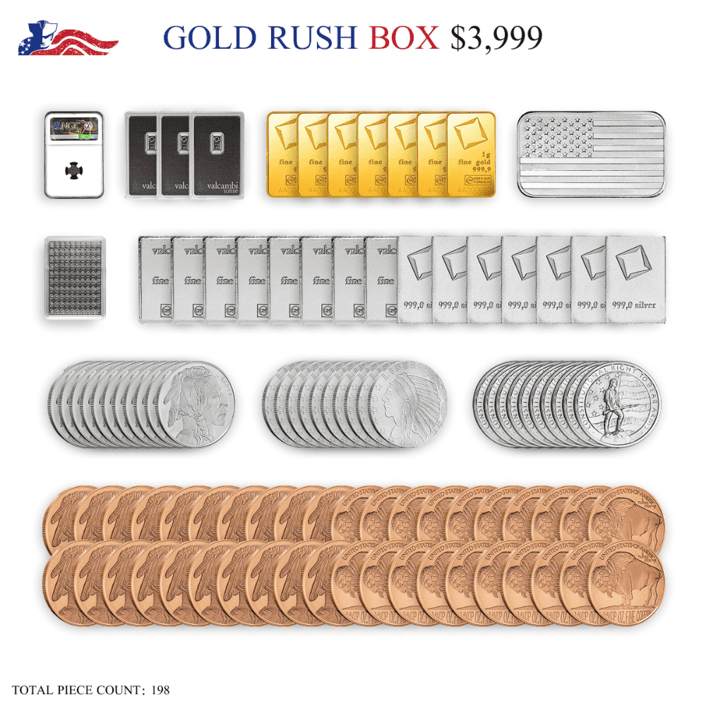 UNITED PATRIOT COIN Collectible Gold Rush Box Rare Widows Mite Coin 10676 BC 7 Gold Bars 137 Silver Coins & Bars 3 Platinum Bars 35+ oz Precious Metals 40 Copper Rounds 198 Pieces