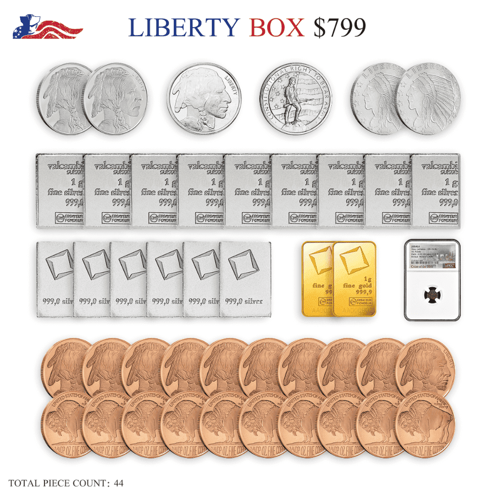 UNITED PATRIOT COIN Collectible Liberty Box Rare Widows Mite coin (10676 BC), 2 gold bars, 21 silver bars & coins, 20 copper rounds, 44-piece set. Limited edition.