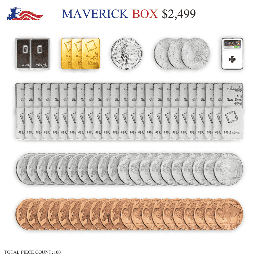 UNITED PATRIOT COIN Collectible Maverick Box Rare Widows Mite Coin 106-76 BC 3 Gold Bars 74 Silver Coins & Bars 2 Platinum Bars 25+ oz Precious Metals 20 Copper Rounds 100 Pieces