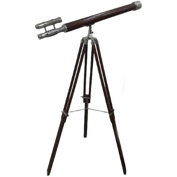 Collectible Nautical Chrome finish double barrel wooden telescope tripod stand