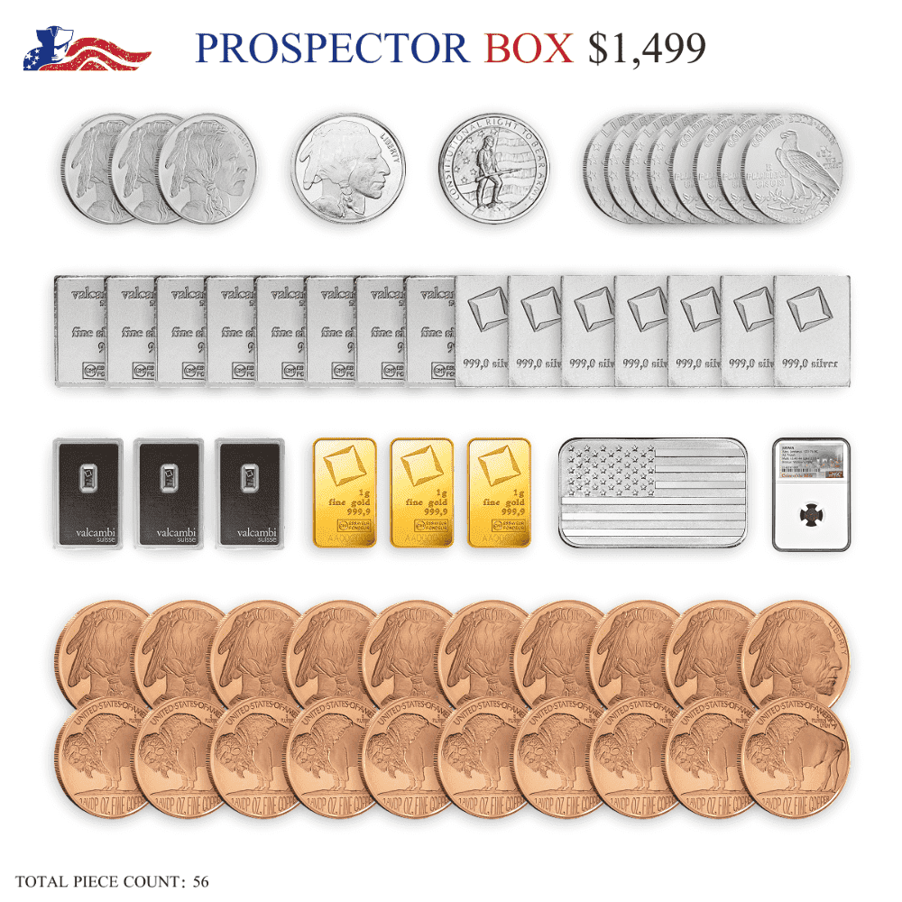 UNITED PATRIOT COIN Collectible Prospector Box Rare Widows Mite Coin 10676 BC 3 Gold Bars 32 Silver Coins & Bars 3 Platinum Bars 10+ oz Precious Metals 20 Copper Rounds 56 Pieces