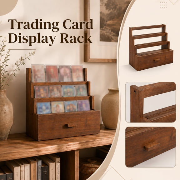 Collectible Trading Card Showcase, Drawers Organizer Storage, Wooden Drawer, Bathroom Shelf, 16X14X6 Inch Multi-Step Solid Wood Card Display Rack with Pull Out Drawer for Card