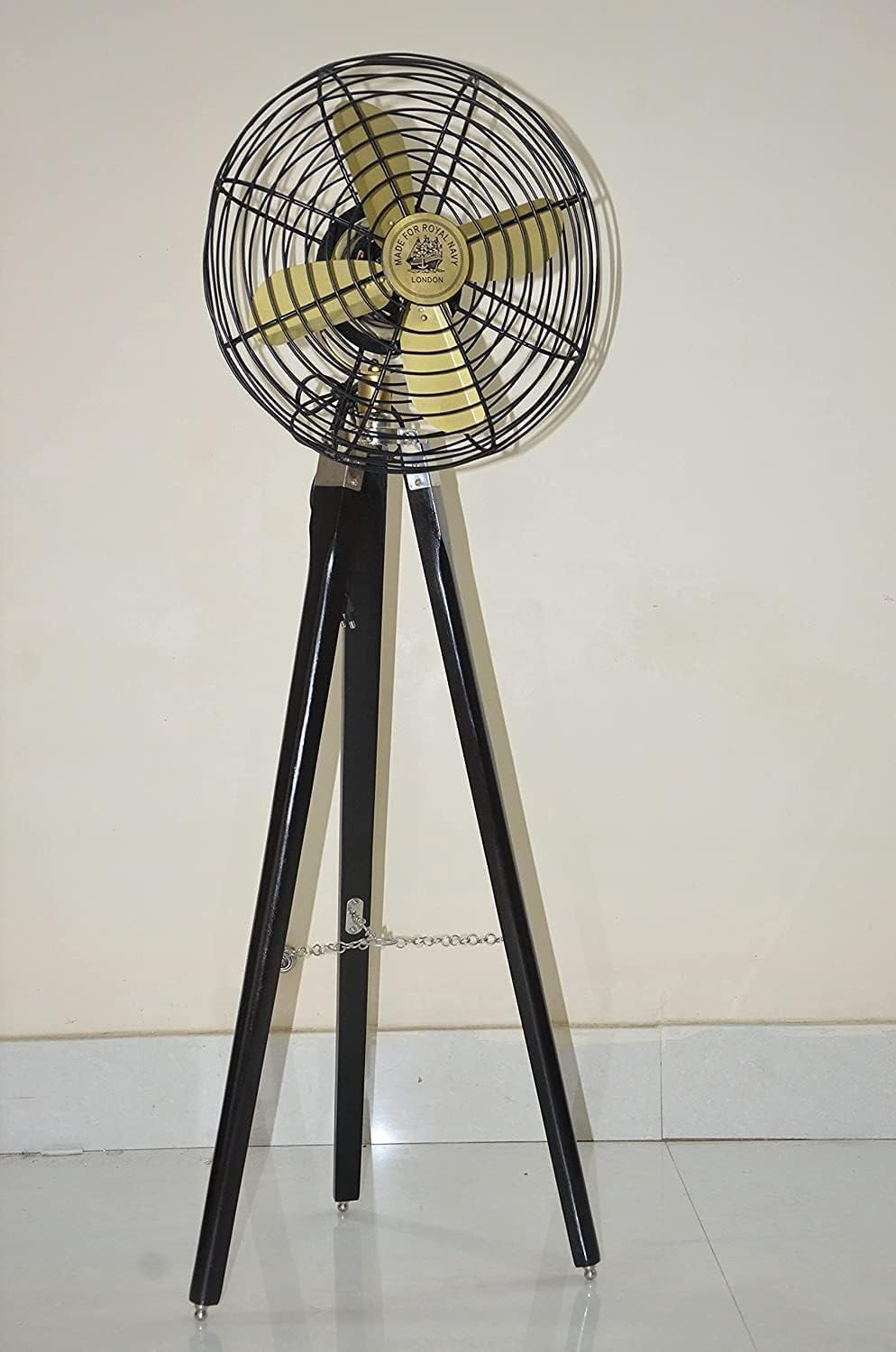 Collectible Vintage Style Floor Fan with Black Wooden Tripod Stand, Royal Navy Floor Fan Nautical Pedestal Fan Hand Made Air Circulation Fan For Home & Office Decor