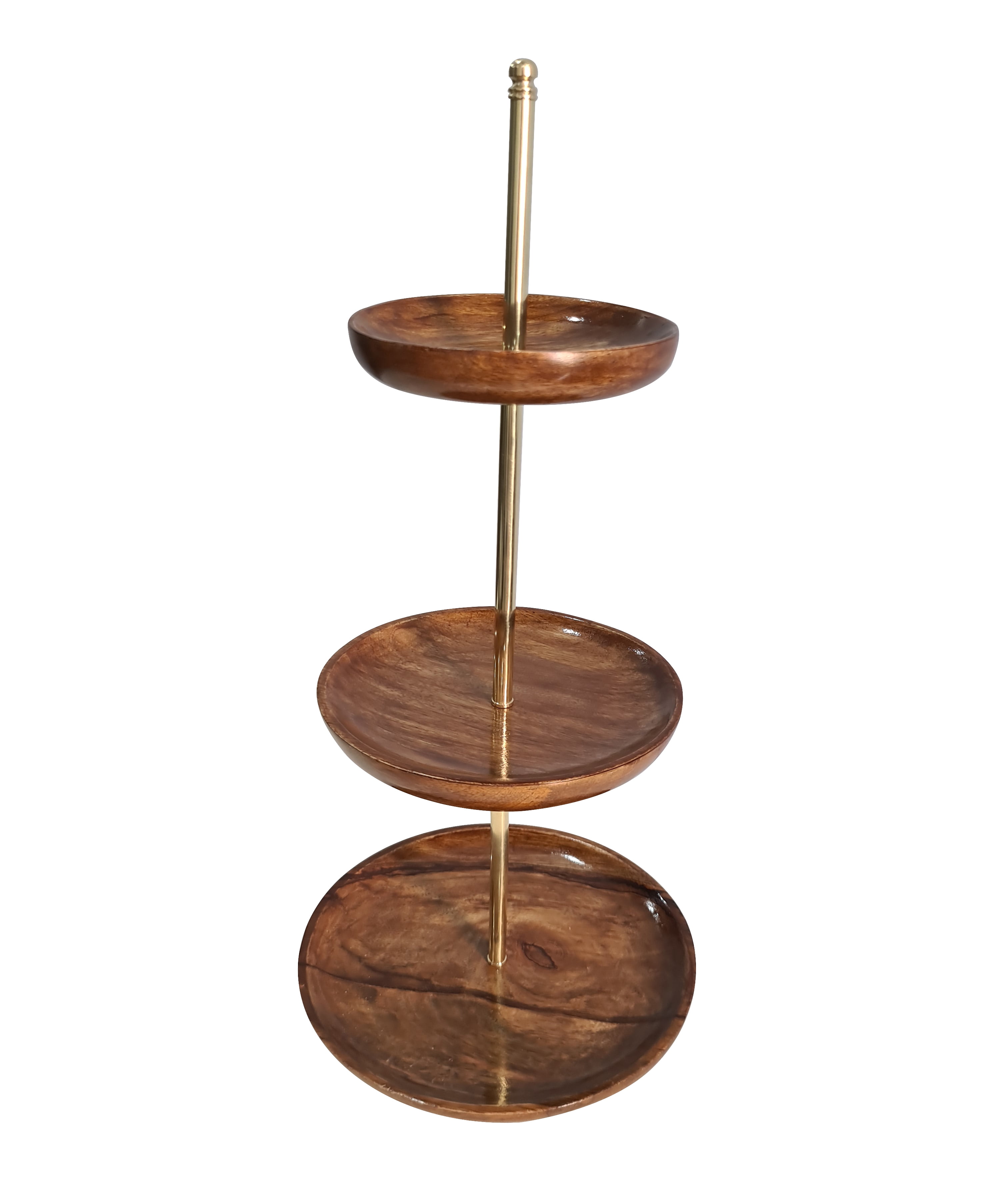 CollectiblesBuy Decorative Dessert Cupcake Stand for Tea Party Serving Platter 3 Tier Handcrafted Wooden Cake Stand Wedding Birthday Solid Mango Wood with Middle Brass Stick