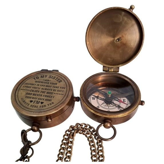 CollectiblesBuy Handmade Brass Vintage Nautical Engraved Pocket Compass Detachable Chain for My Sister Outdoor Navigation Camping & Hiking