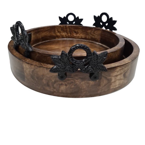 CollectiblesBuy Set of 2 Handmade Natural Long Deep Wooden Antique Rounded Tray with Metal Handle