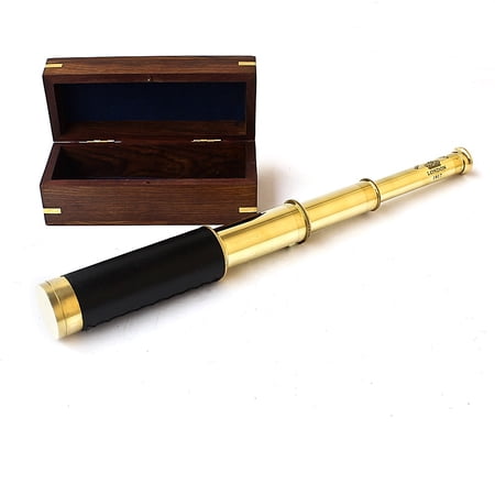 CollectiblesBuy Sheesham Wooden Box Brass Nautical Black Leather Telescope Marine Replica Gifts
