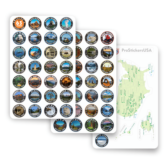 Collection 63 Stickers Set All National Parks USA and 50 States Complete Collection Shield N.P. Passport Colors Vinyl Stickers. Map of US National Parks. (1x1 MAP)