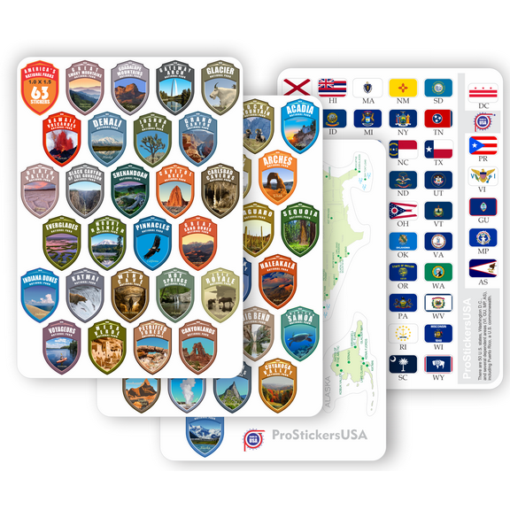 Collection 63 Stickers Set All National Parks USA and 50 States Complete Collection Shield N.P. Passport Colors Vinyl Stickers. Map of US National Parks.