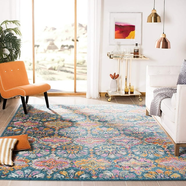 Collection Accent Rug 3' x 5', Blue & Orange, Boho Chic Damask Design