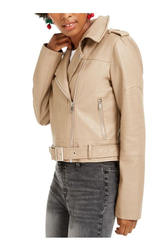Girl's Tan Faux-Leather Belted Moto Jacket, Large
