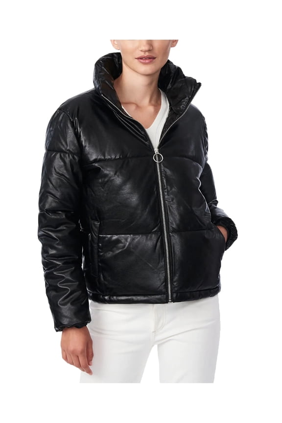 Women's Black Faux Leather Puffer Coat