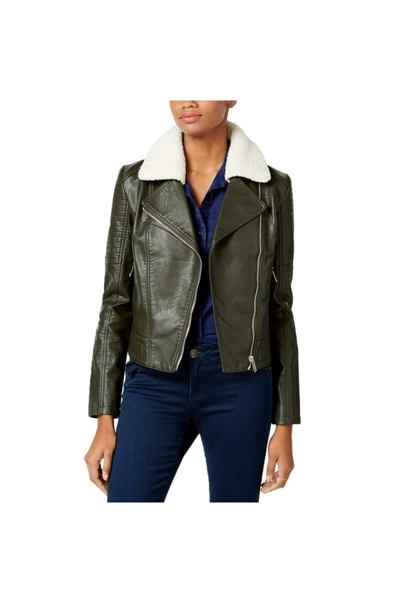 Women's Mixed-Media Faux-Leather Moto Jacket (Pesto, Medium)